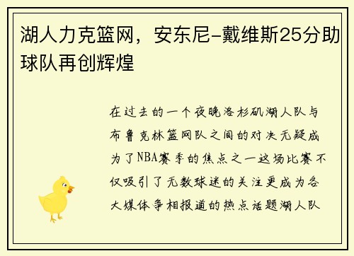 湖人力克篮网，安东尼-戴维斯25分助球队再创辉煌